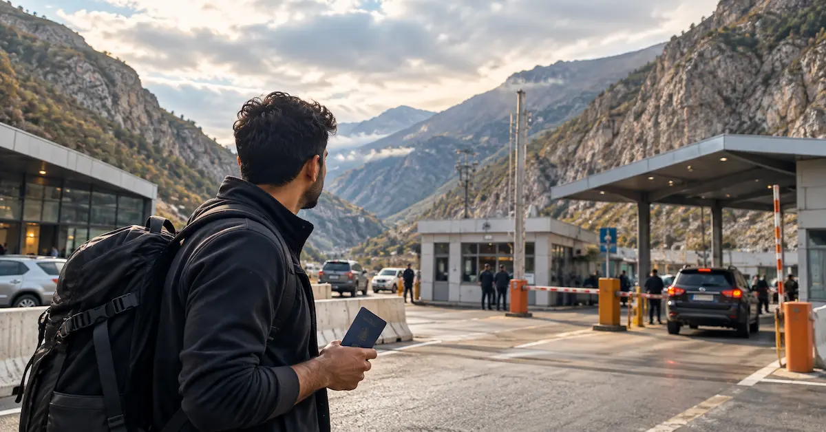 Traveler with passport at the Georgia Armenia border crossing