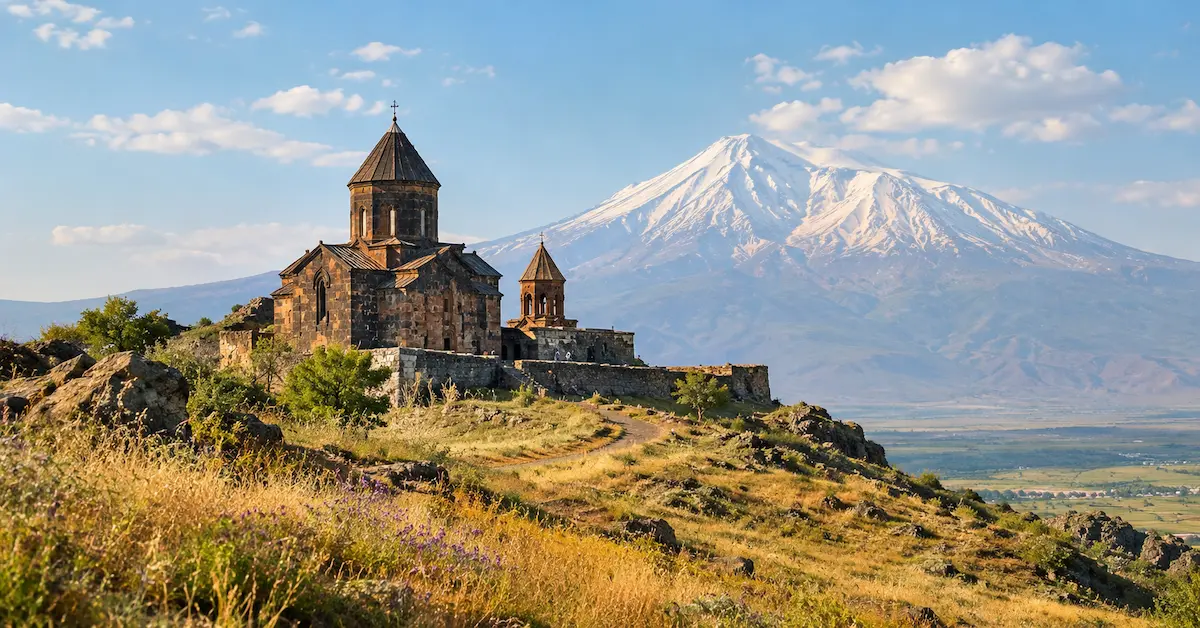 Khor Virap Monastery with Mount Ararat visible behind it in Armenia