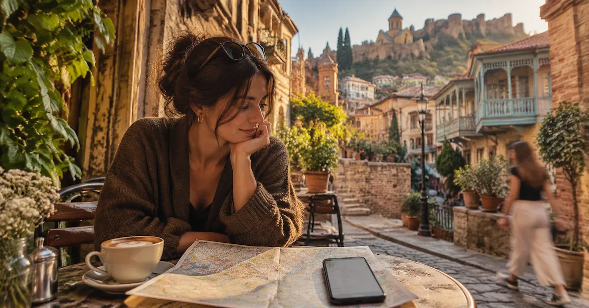 Traveler planning a Georgia trip with a map and phone in Tbilisi